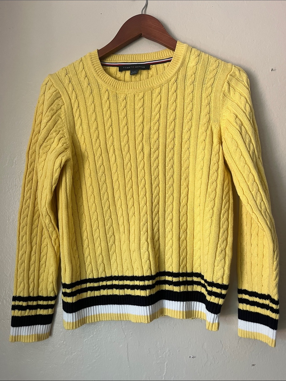 Tommy Hilfiger Yellow Cable-Knit Sweater with Black and White Stripes